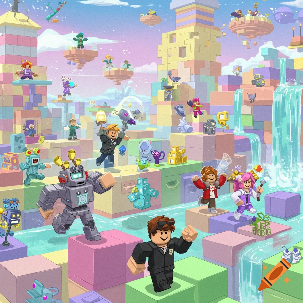 Colorful, isometric Roblox-style world with blocky characters, robots, and waterfalls.