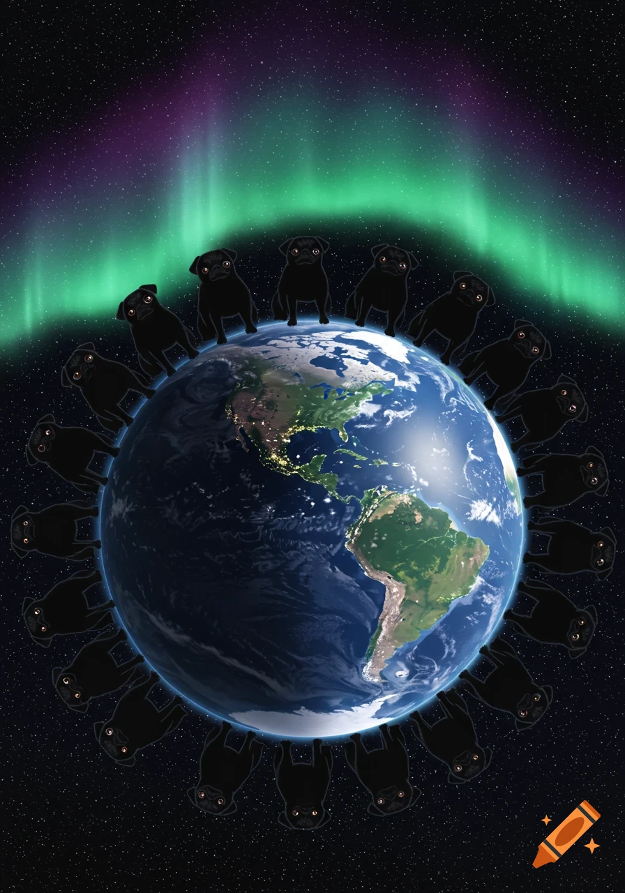 Black pugs with glowing eyes surround the Earth in space, under a vibrant green and purple aurora.
