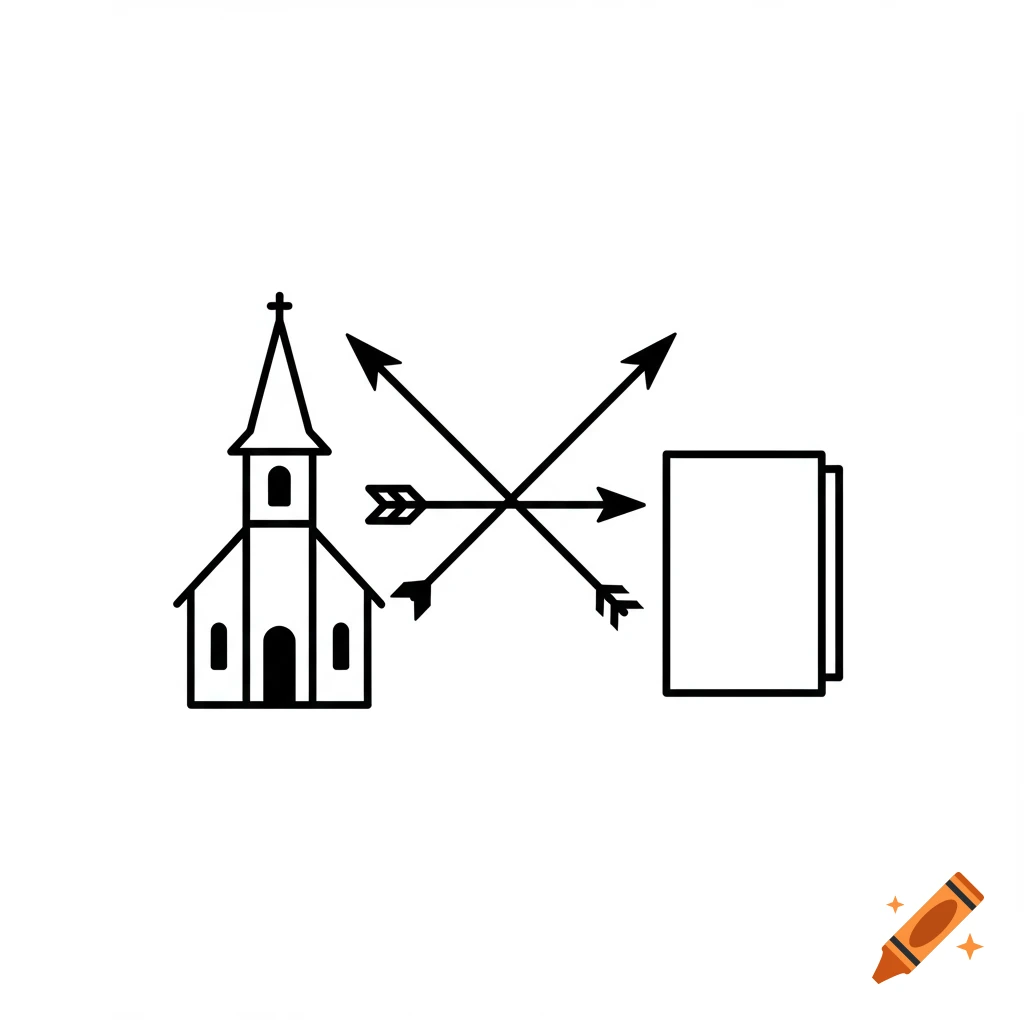 Black and white clip art of a church, intersecting arrows, and two overlapping papers.