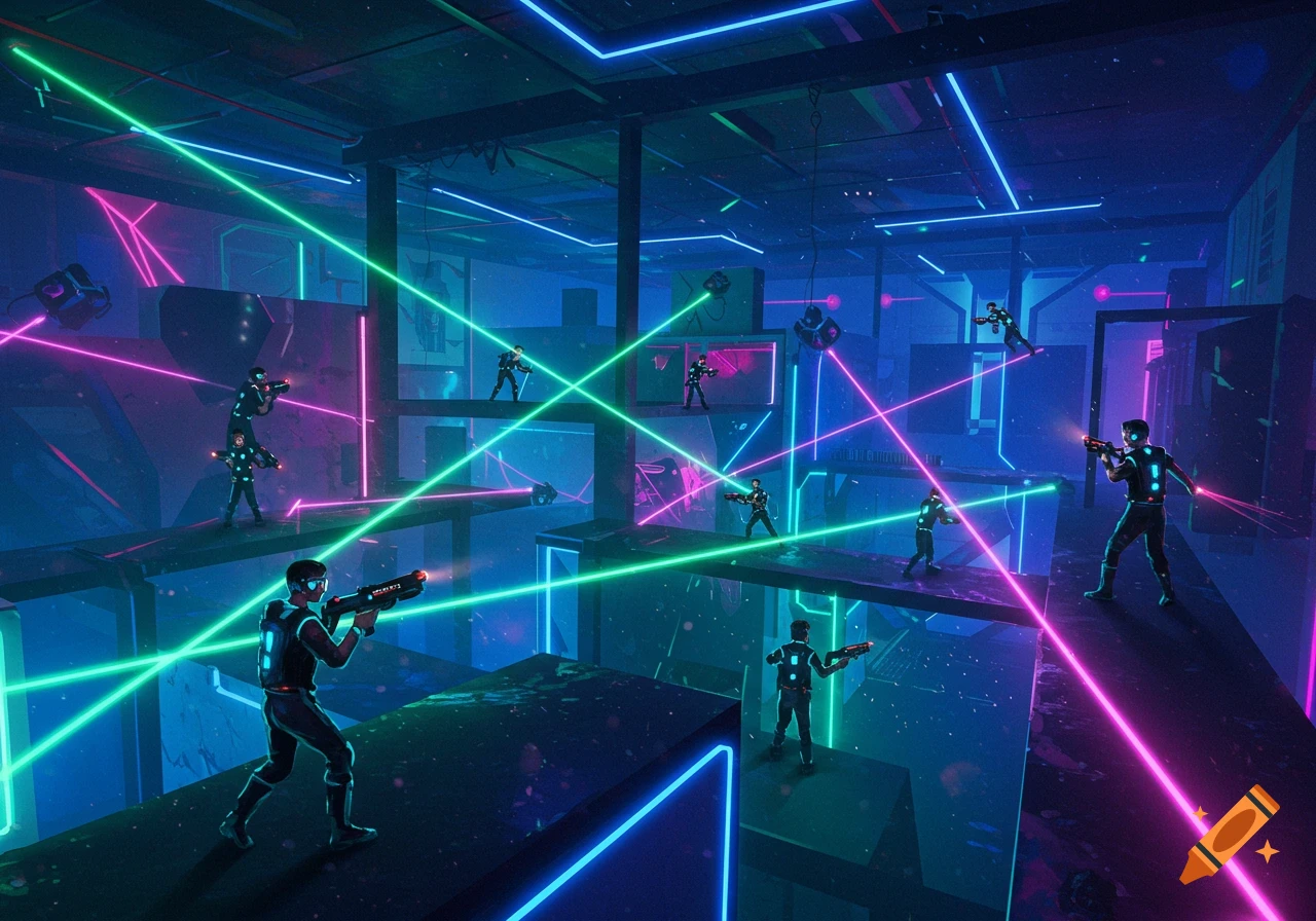 Players in a neon-lit laser tag arena, with bright green and magenta lasers crisscrossing a dark, multi-level structure.