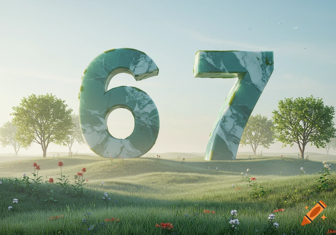 Two large, green marble numbers, 6 and 7, stand in a serene grassy field with trees and wildflowers under a clear sky.