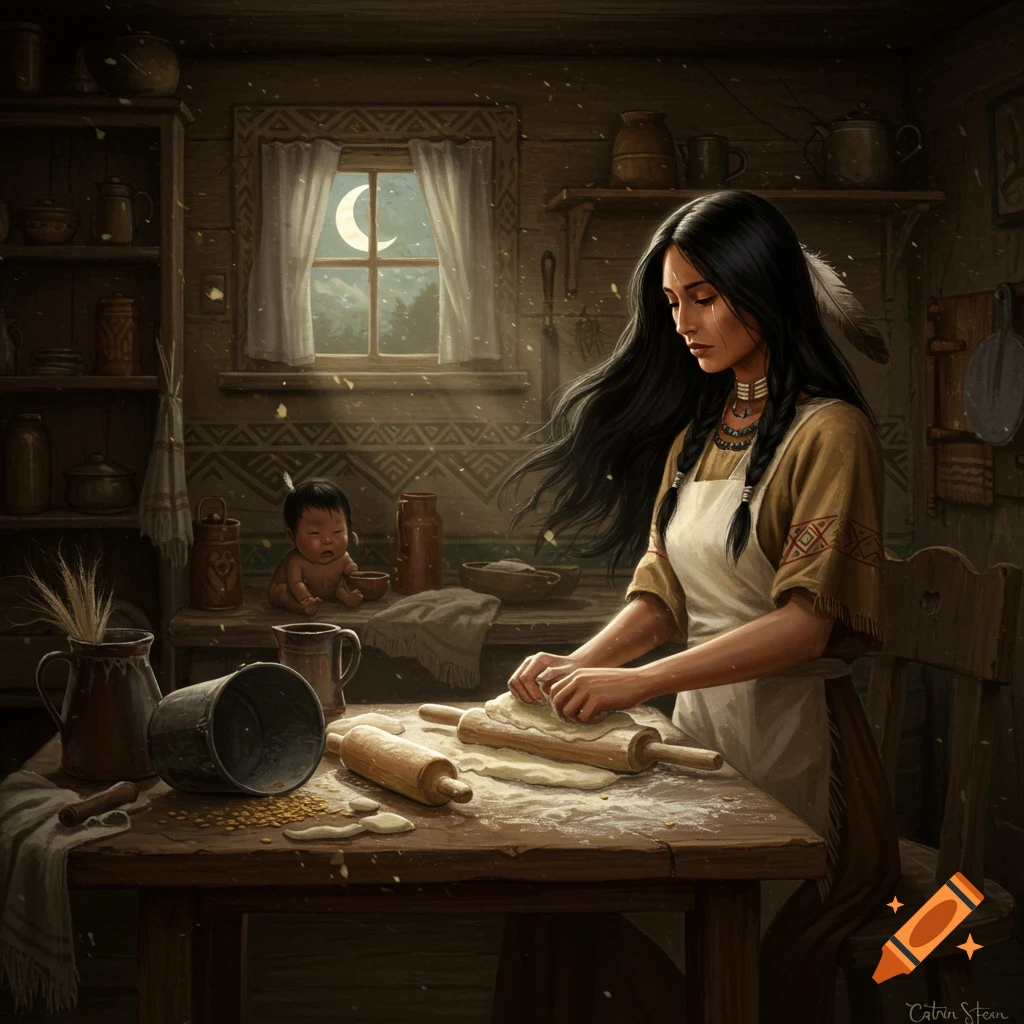 Stylized painting of an Indigenous woman kneading dough in a rustic kitchen, a baby watches from a shelf, crescent moon outside window.