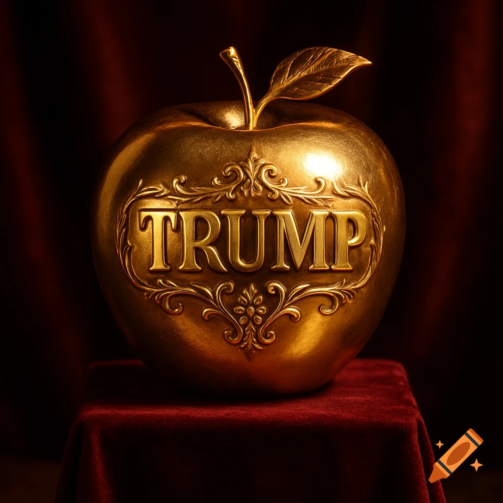 A photorealistic golden apple with the word TRUMP embossed in decorative lettering, resting on a red velvet pedestal.