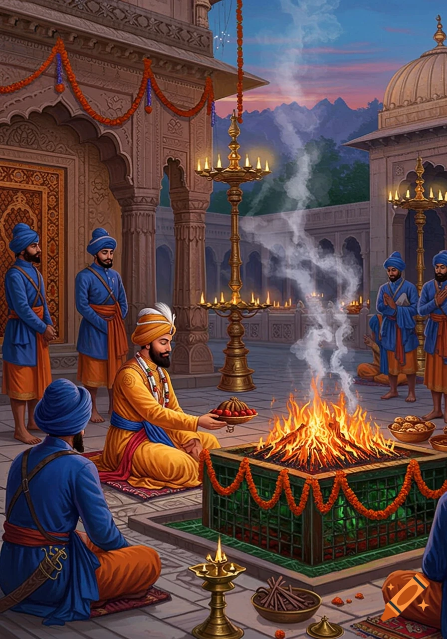 Guru Gobind Singh performs a havan ceremony with Nihang Singhs in a temple courtyard at dusk, mountains in the background. Stylized art.