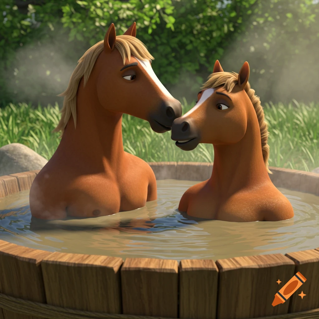 Two anthropomorphic cartoon horses with human-like torsos relax and lean towards each other in a rustic wooden hot tub, surrounded by lush green foliage in a 3D animation style.