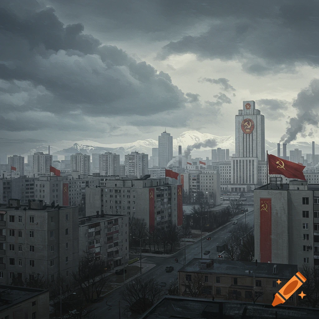 A gloomy Soviet cityscape with blocky buildings and red flags featuring the hammer and sickle under a grey sky, with snow-capped mountains in the background.