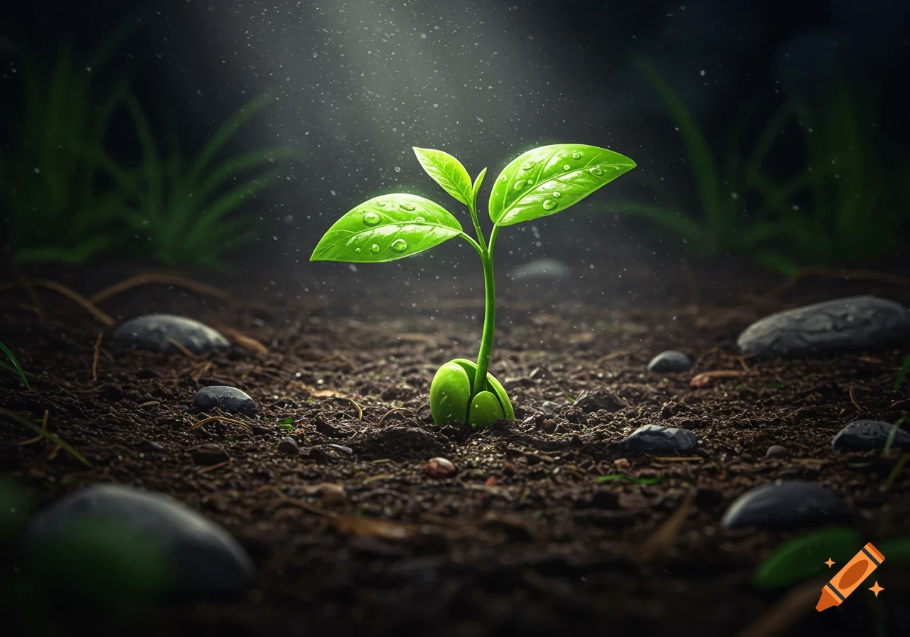 A close-up, photorealistic image of a vibrant green sprout with water droplets on its leaves, emerging from dark, rich soil under a beam of light.
