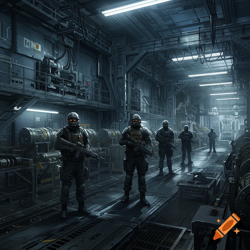 Team of armored soldiers with rifles stand in a dark, futuristic industrial weapon factory.
