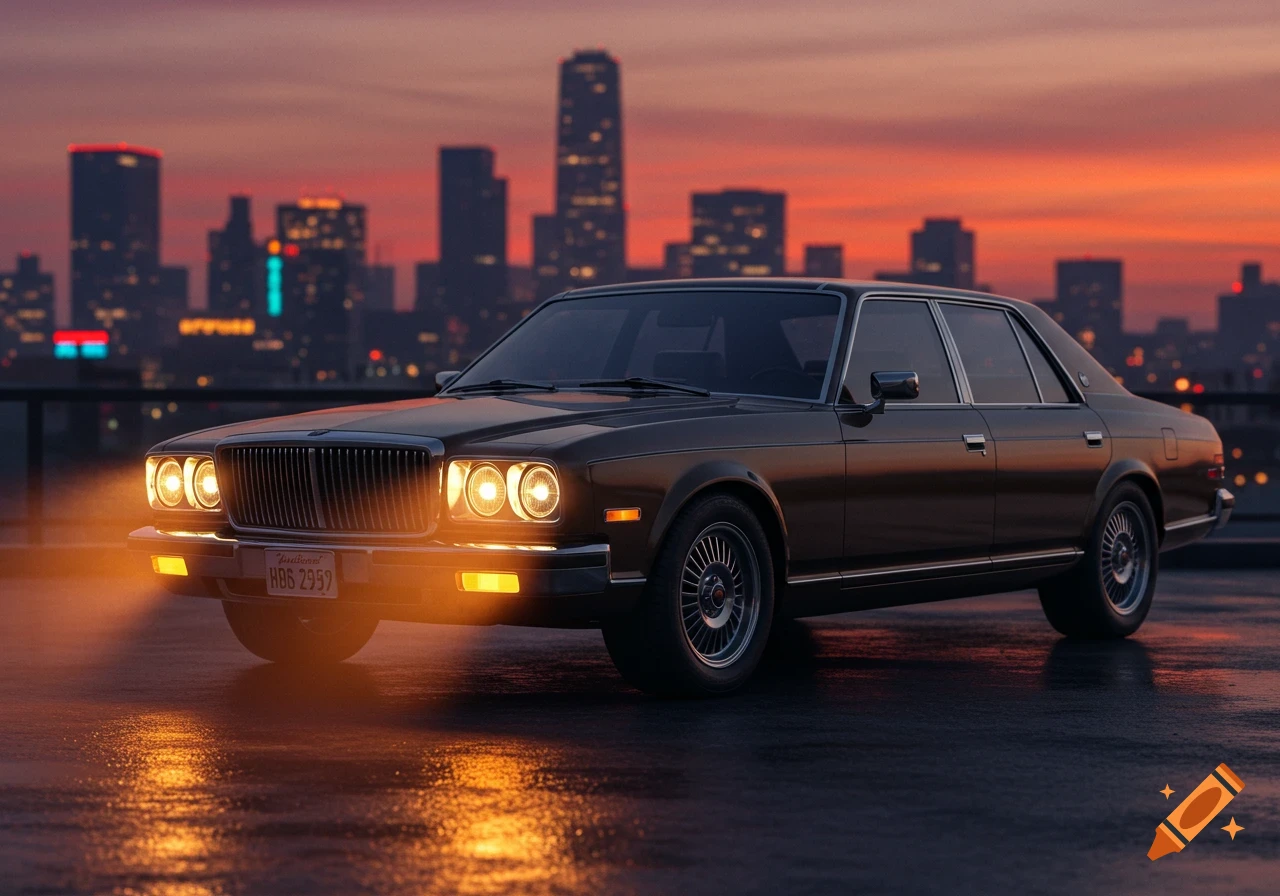 A dark classic sedan with glowing headlights on a wet surface, with a blurred city skyline at sunset in the background. Photorealistic style.