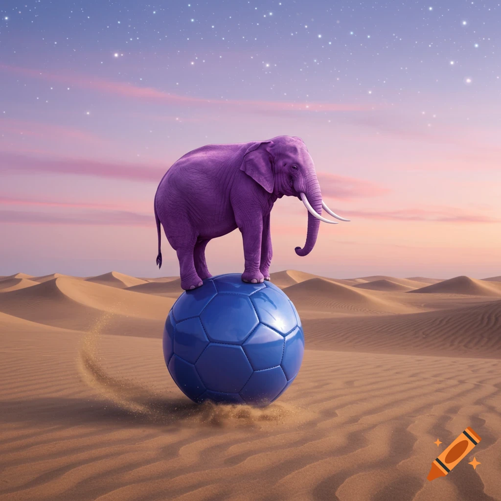 A purple elephant stands on a blue soccer ball in a surreal desert scene under a starry twilight sky.