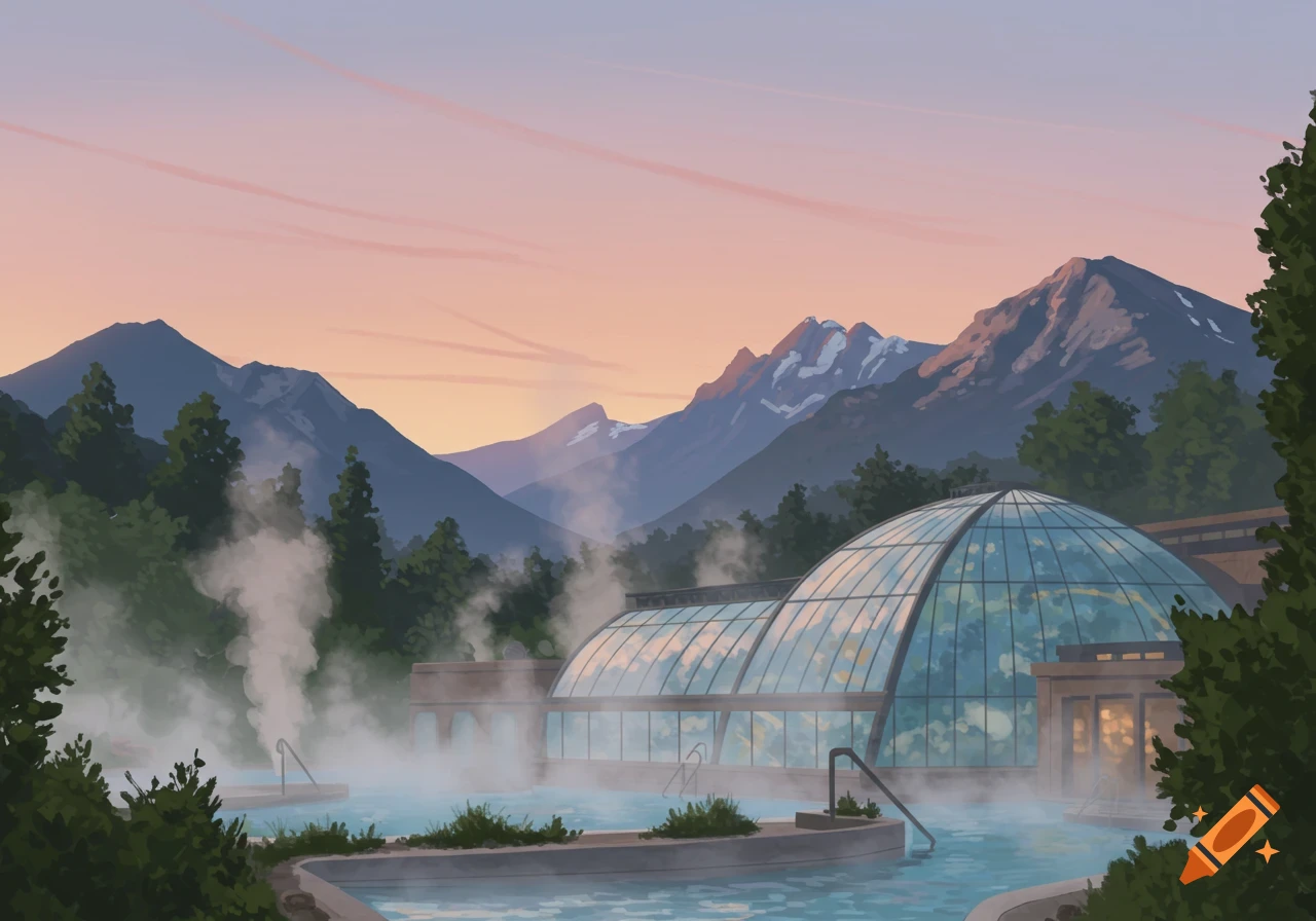 An illustration of a steaming outdoor spa with a large glass dome, nestled in a mountain valley at sunrise.