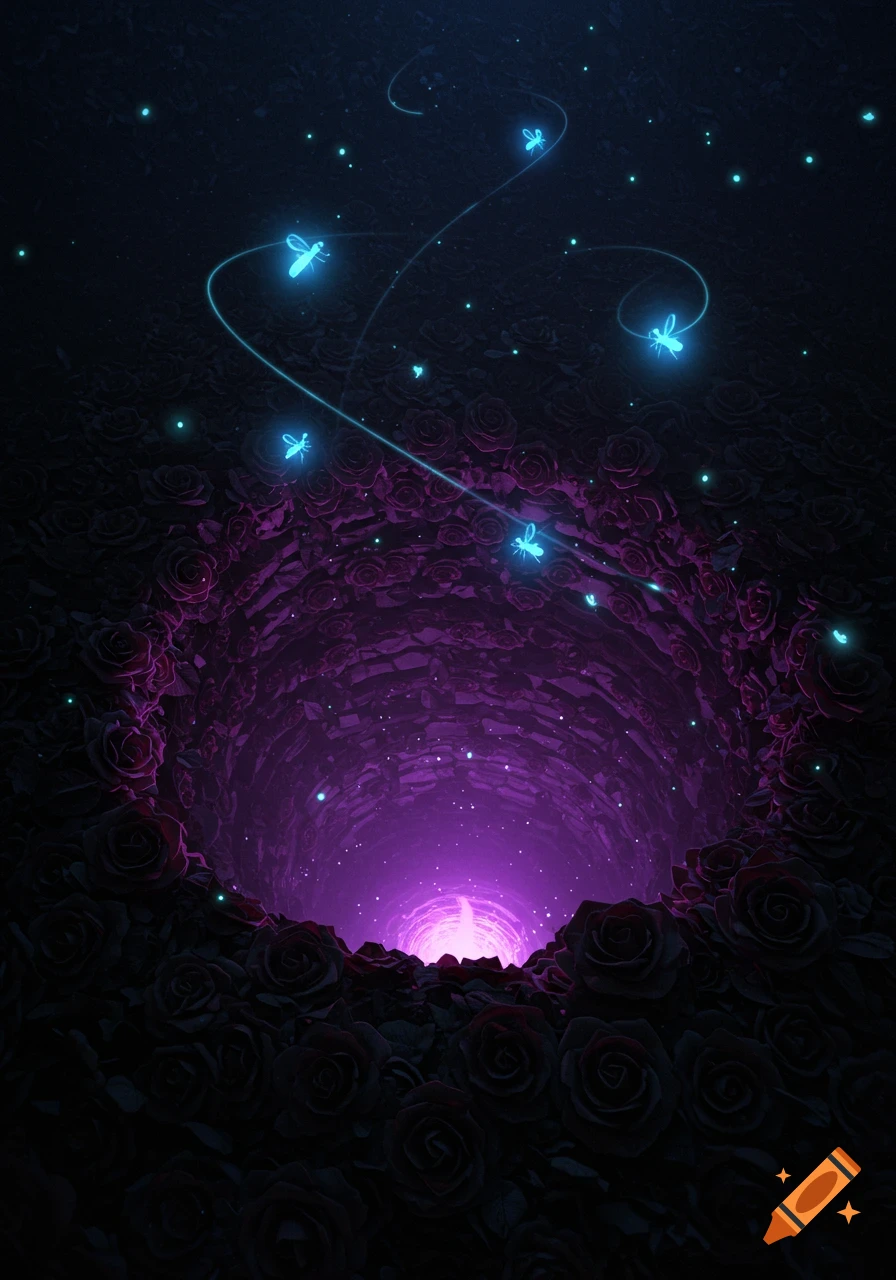 A deep, dark pit with a purple glow at its base, surrounded by black roses, with blue glowing fireflies flying out.