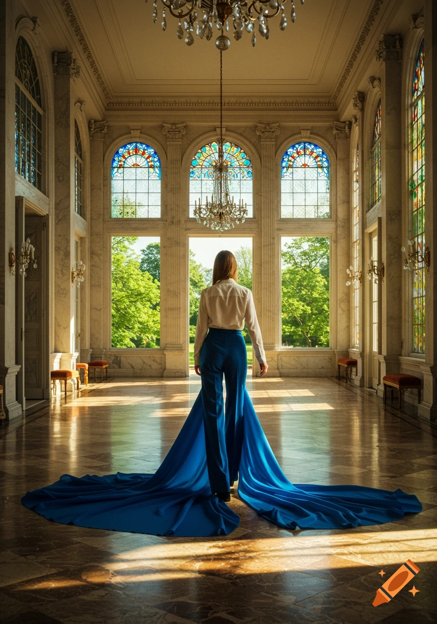 A woman in a white shirt and flowing blue pants with a long train walks through a grand, sunlit hall with large stained glass windows.
