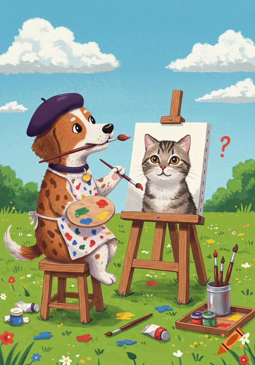 A whimsical cartoon illustration of a dog wearing a beret and apron, painting a portrait of a cat in a green field.