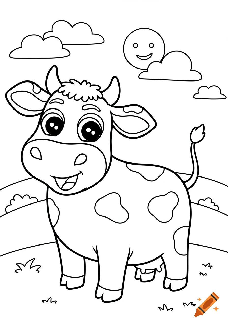 Cartoon outline drawing of a cute cow in a field with clouds and a smiling sun, ready for coloring.