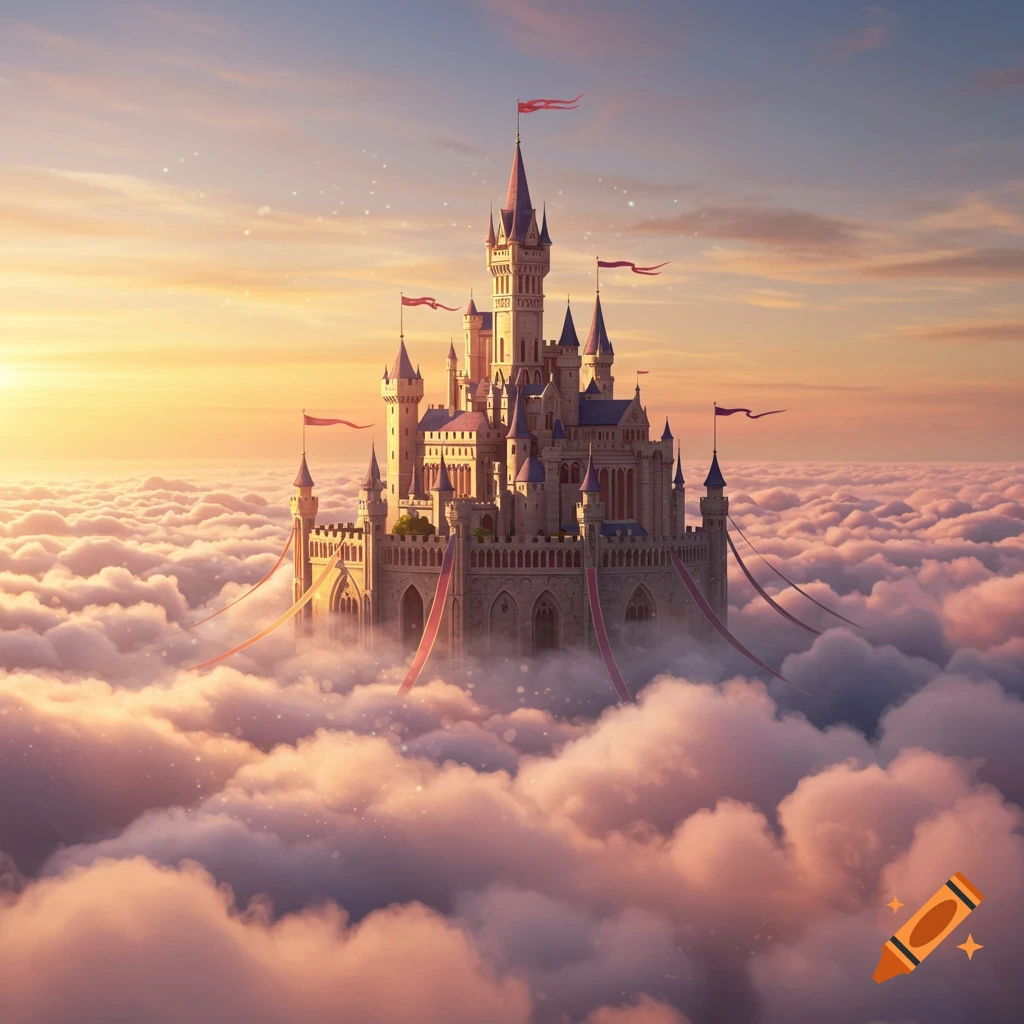 Majestic fantasy castle with red banners nestled above a sea of fluffy clouds at sunset.