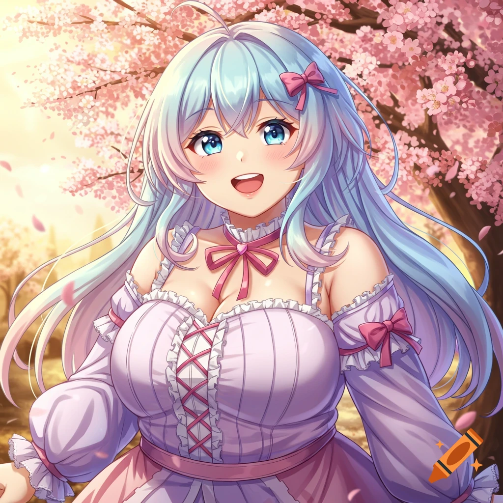 An anime girl with long light blue hair, blue eyes, and a pink frilly dress smiles amidst pink cherry blossoms.
