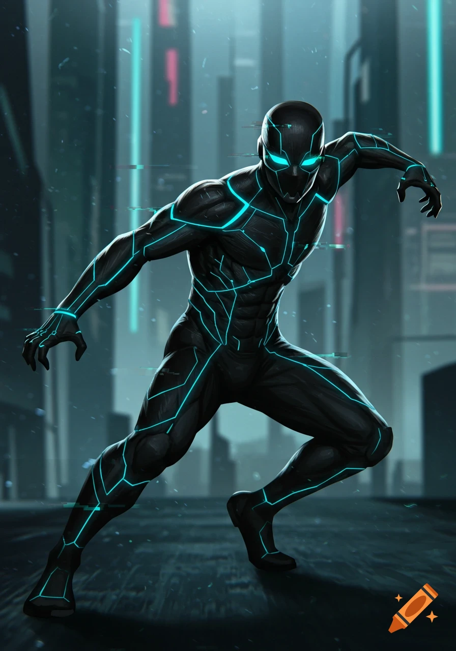 A futuristic character in a black suit with glowing blue lines crouches in a cyberpunk city.