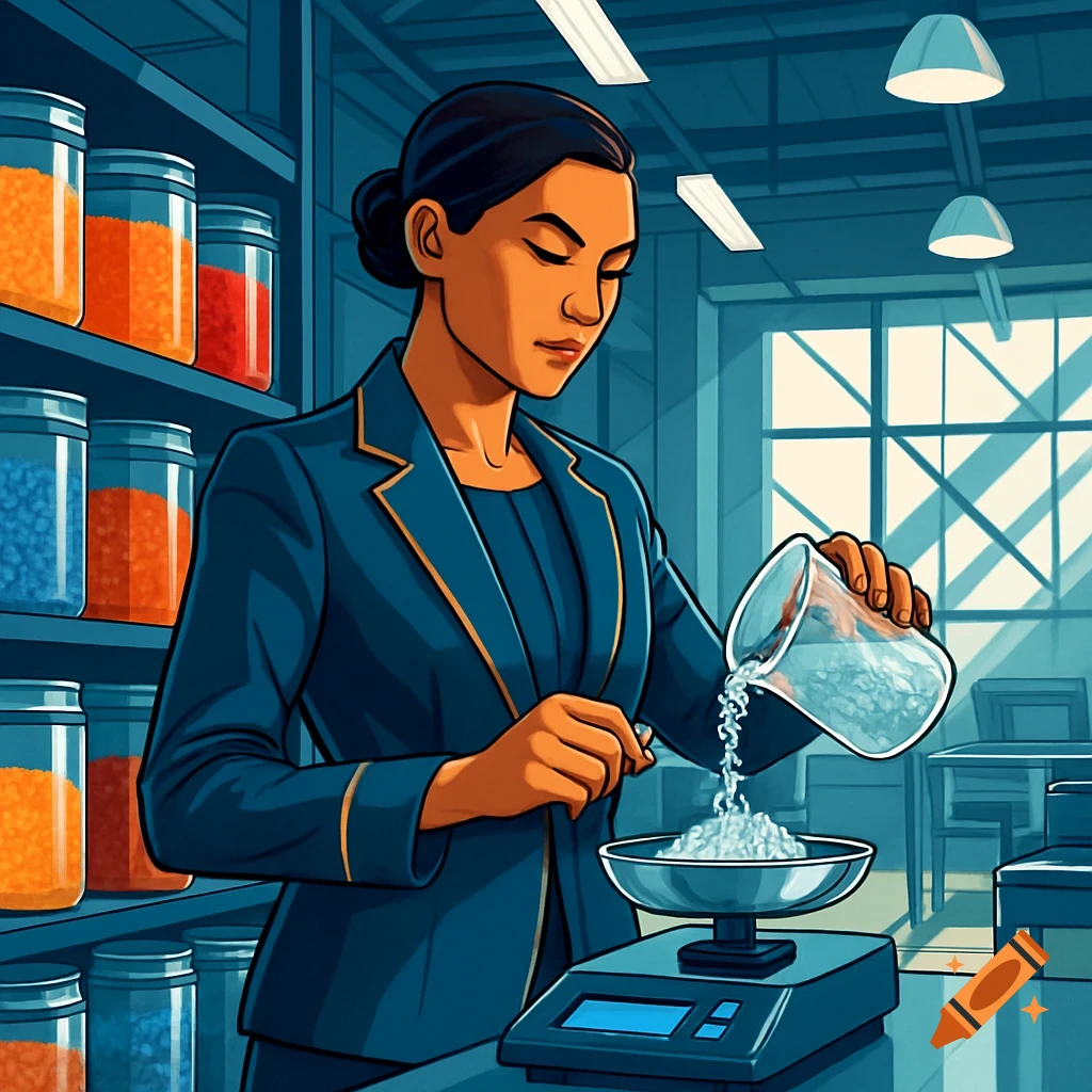A colorful illustration of a woman in a blue suit weighing polymer pellets on a digital scale in an industrial setting, with jars of materials on shelves.