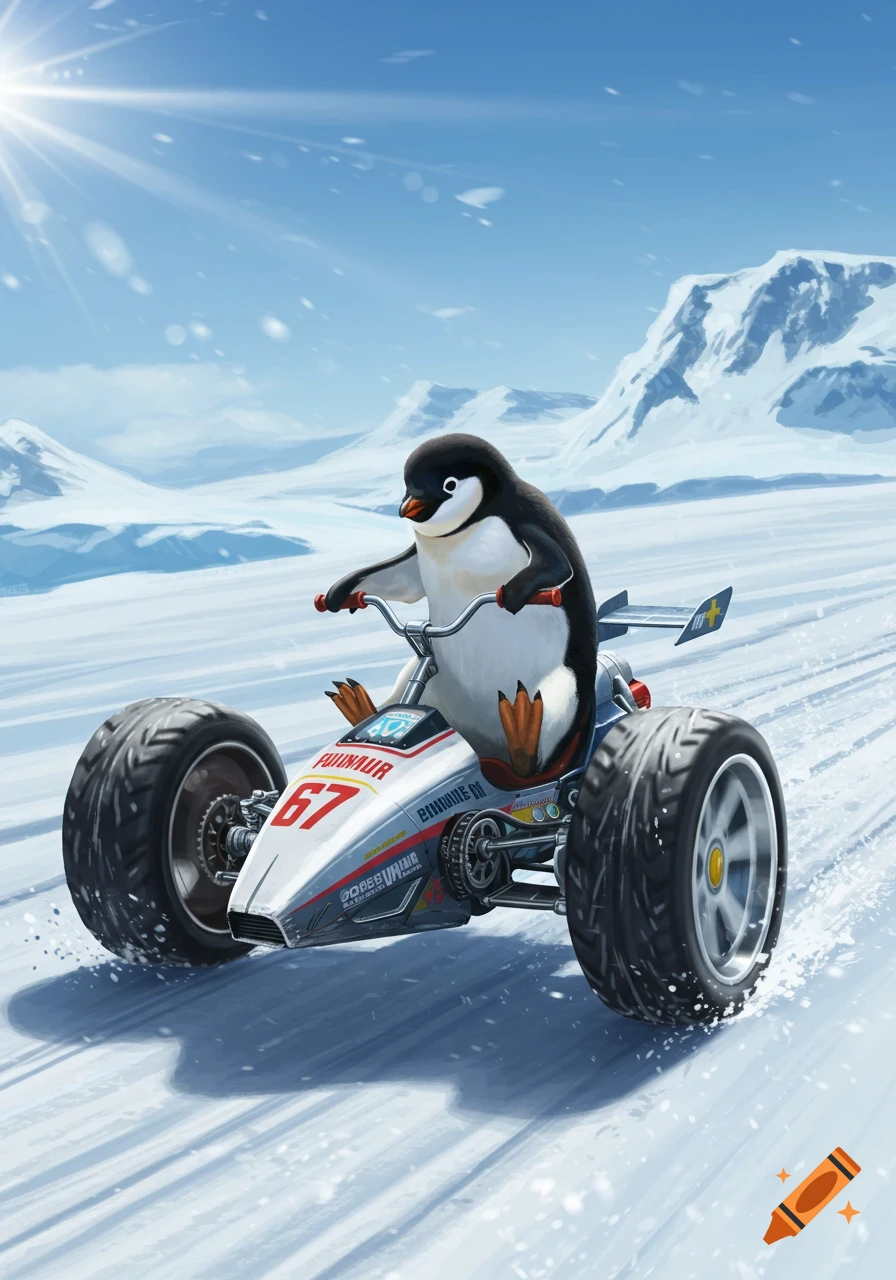 A cartoon penguin in a snowy, mountainous landscape rides a futuristic, modded white tricycle with large tires, racing across the snow.