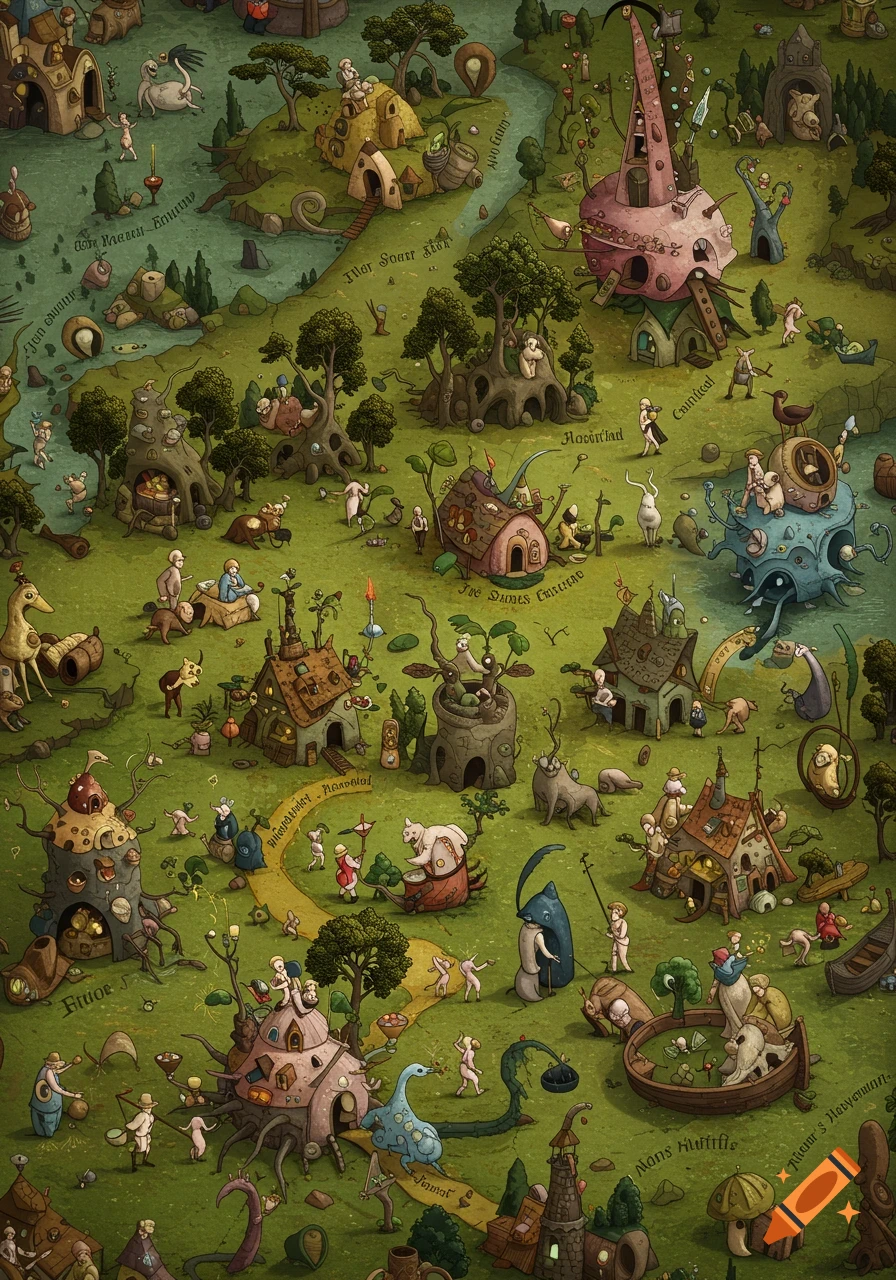 An overhead view of a whimsical fantasy map, resembling a Hieronymus Bosch painting, with strange creatures, unique buildings, and green landscapes.