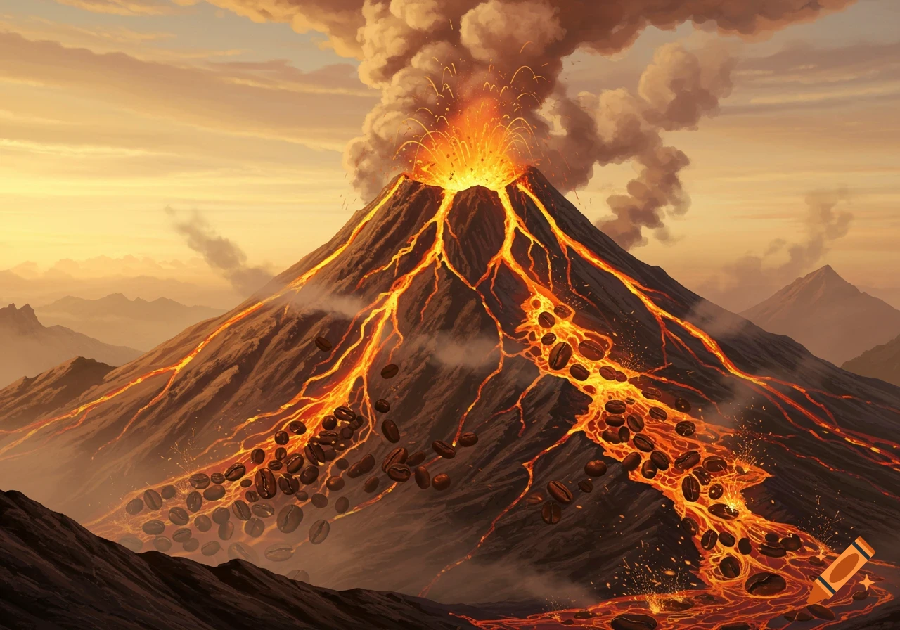 A vibrant illustration of a volcano erupting with glowing lava and spilling coffee beans down its slopes, under an orange sky.
