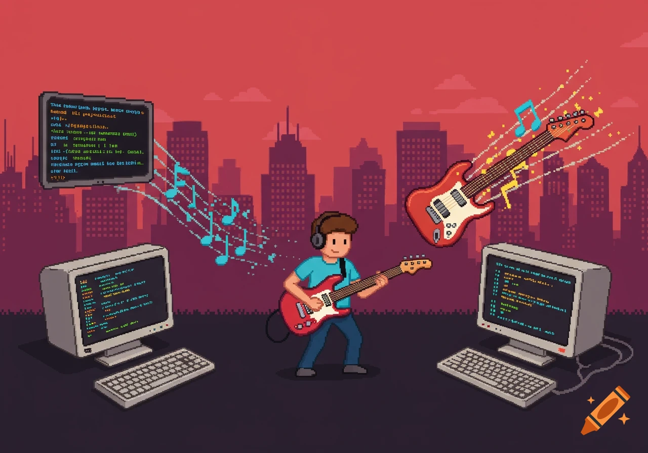 NES-style pixel art of a programmer playing electric guitar with computers showing code and a city skyline.