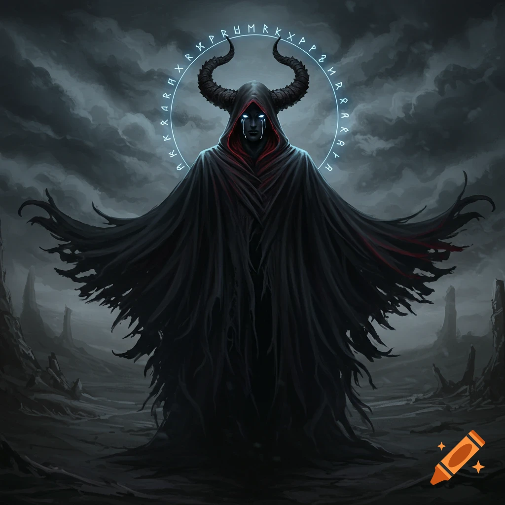 A demonic figure with glowing blue eyes and tears, wearing a tattered black cloak and horns, stands in a desolate landscape under dark clouds. A halo of glowing blue runes floats above its head.