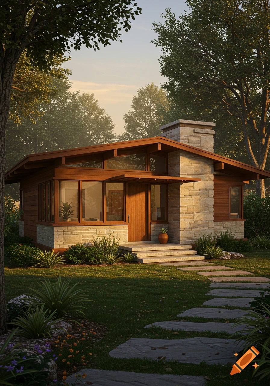 A modern one-story house with stone and wood siding, large windows, and a chimney, surrounded by green trees and grass at sunset.