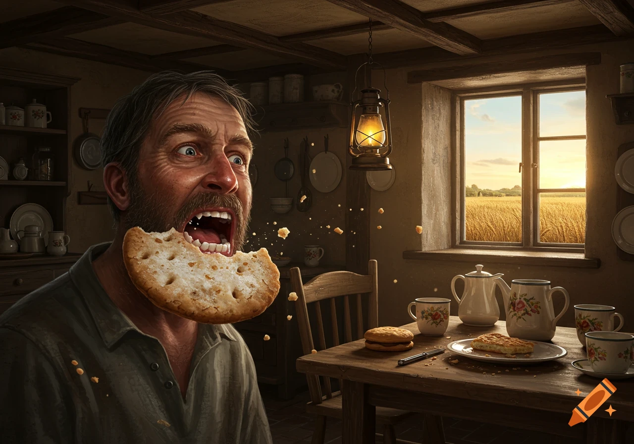 Photorealistic image of a man with a wide-open mouth and exaggerated expression biting into a large biscuit, crumbs flying, in a rustic kitchen.