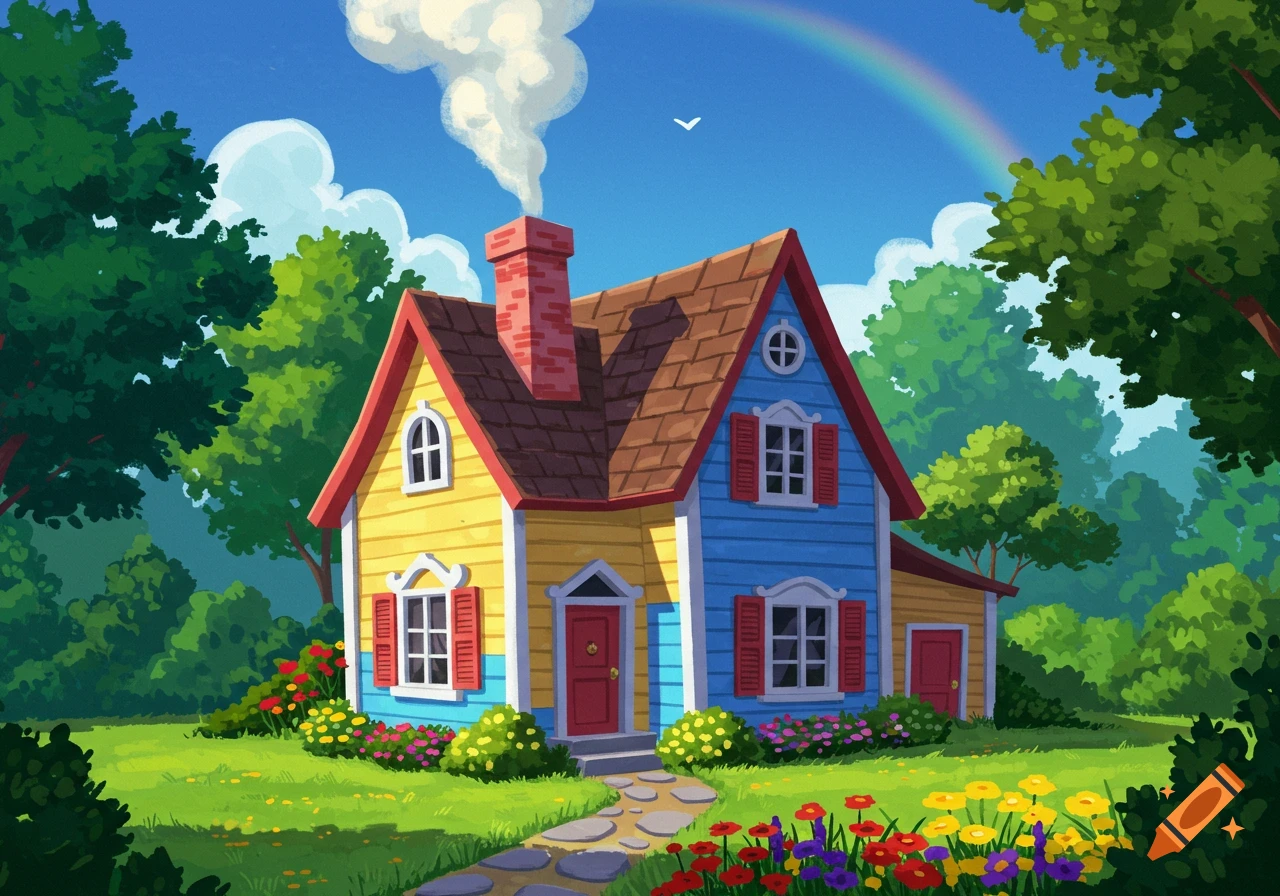 A vibrant illustration of a colorful yellow and blue house with a red roof, chimney, and garden under a blue sky with a rainbow.