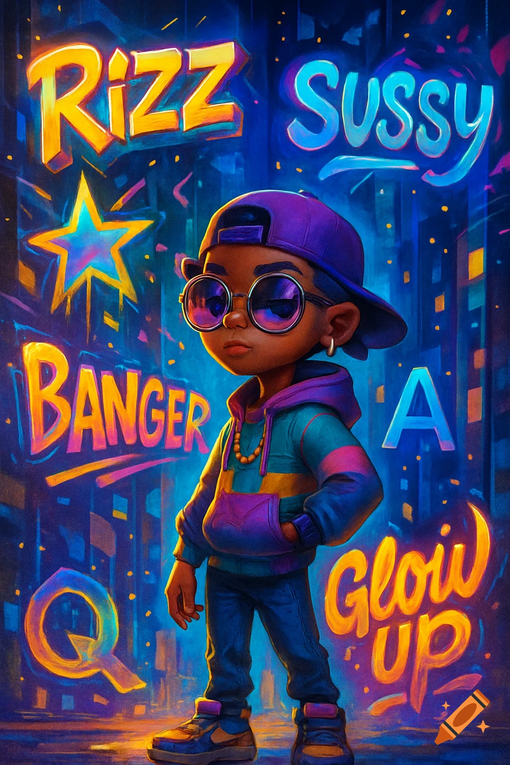 A cool cartoon child in a purple cap and sunglasses stands in an urban setting surrounded by glowing slang words like RIZZ and Glow UP in a neon art style.