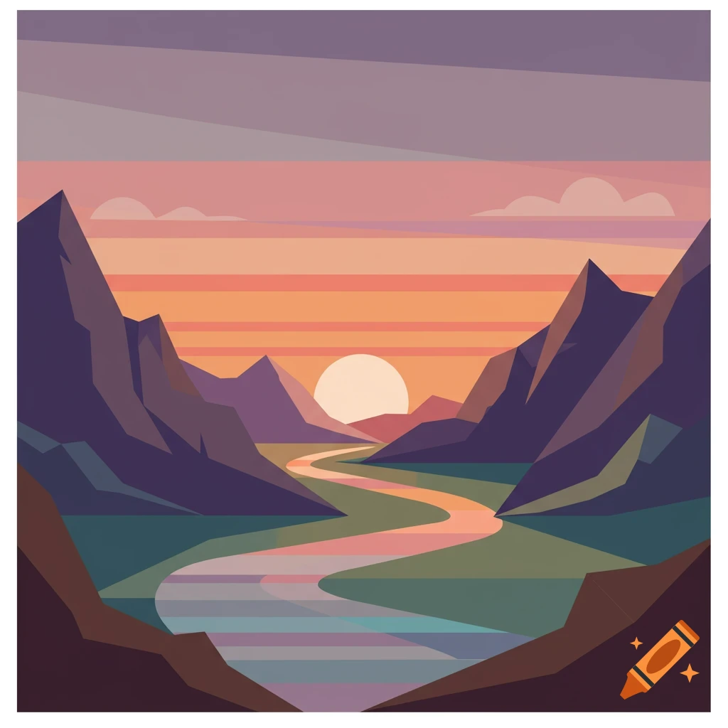 Colorful cubist abstract landscape of a river winding through mountains at sunset.