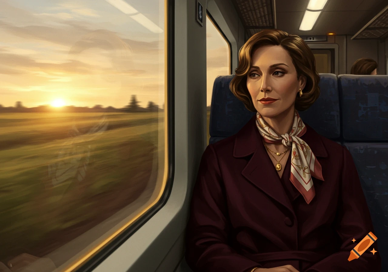 A woman sits on a train, gazing out the window at a passing landscape with a sunset. Realistic digital art.
