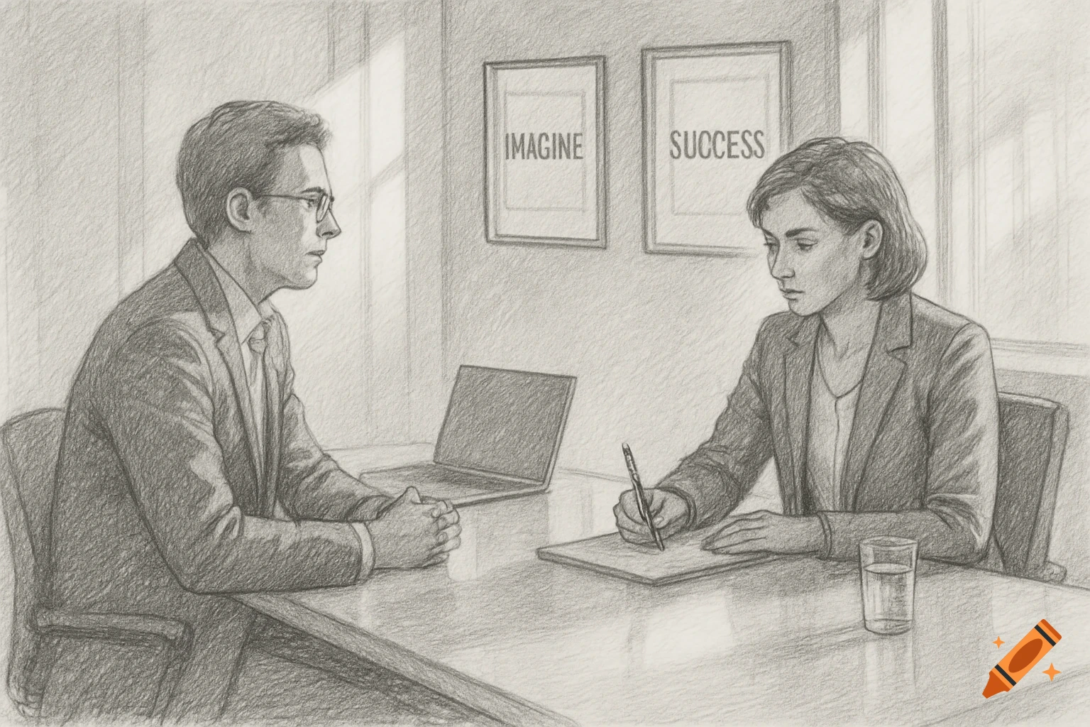Pencil sketch of two people having a business meeting, one taking notes at a table with a laptop.