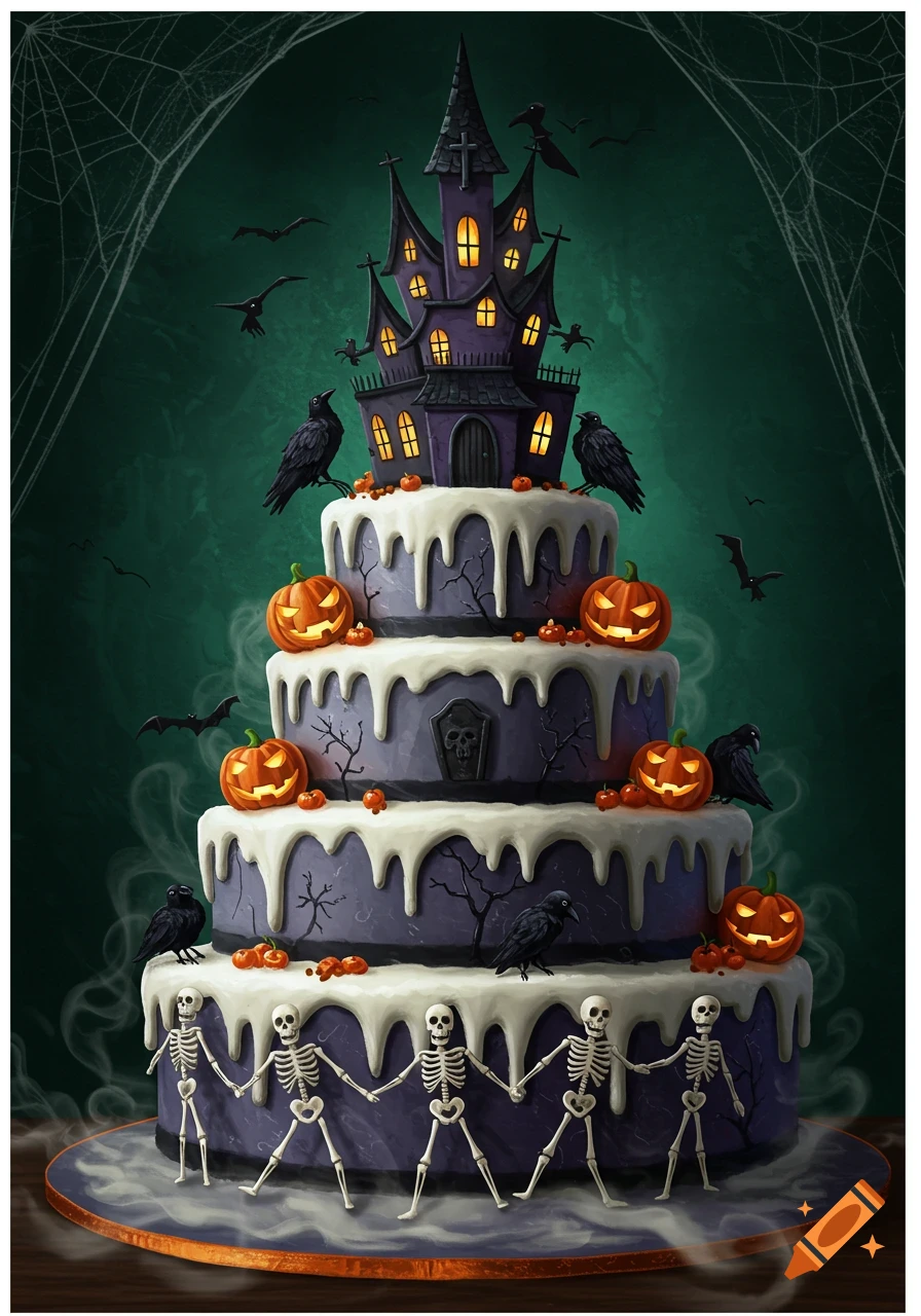 A spooky, multi-tiered Halloween cake topped with a haunted house, surrounded by pumpkins, crows, and skeletons holding hands.