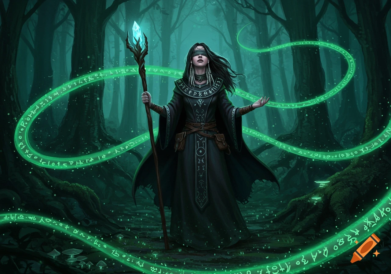 A blindfolded witch with a glowing staff casts green magic in a dark, enchanted forest, digital painting.