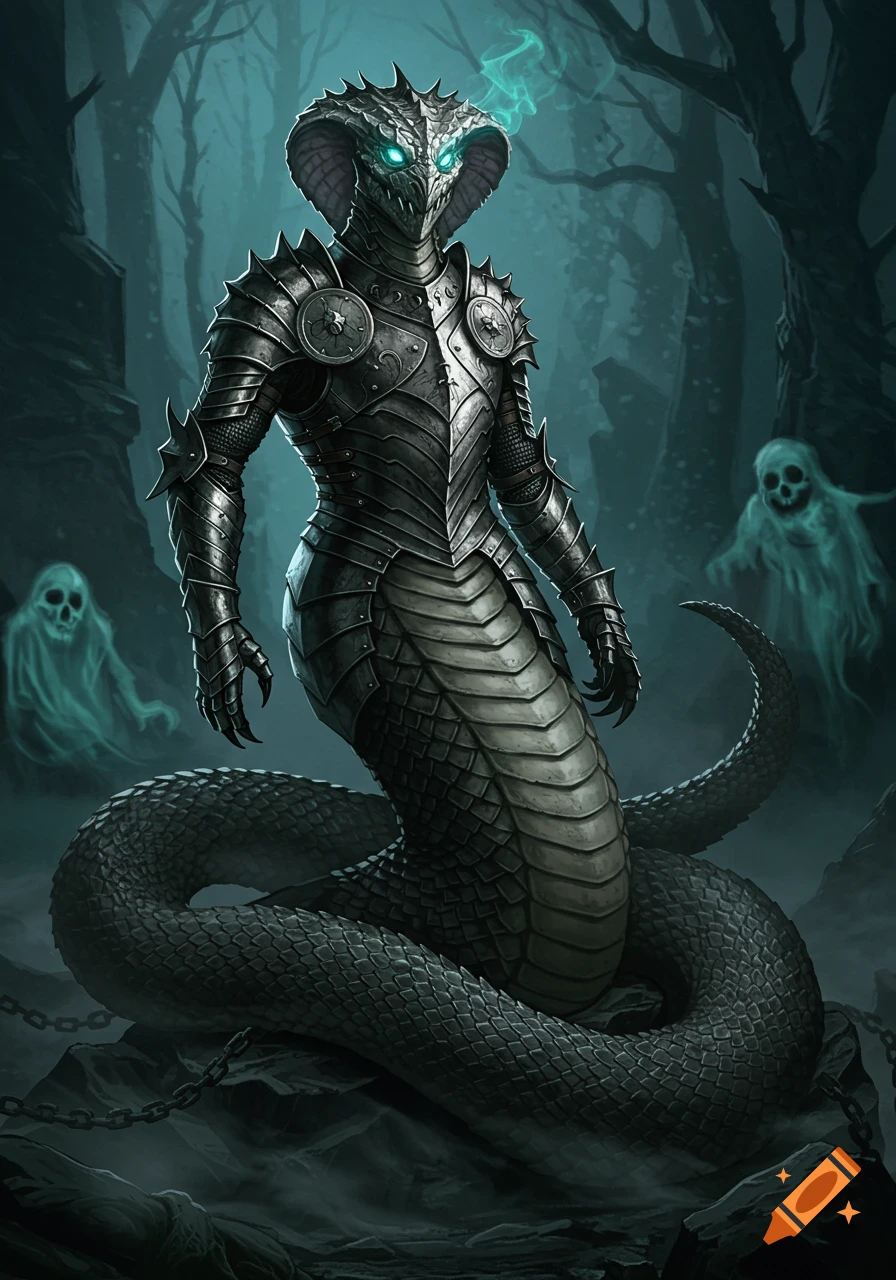 A fearsome armored snake-man with glowing eyes stands in a dark forest with two ethereal ghosts.