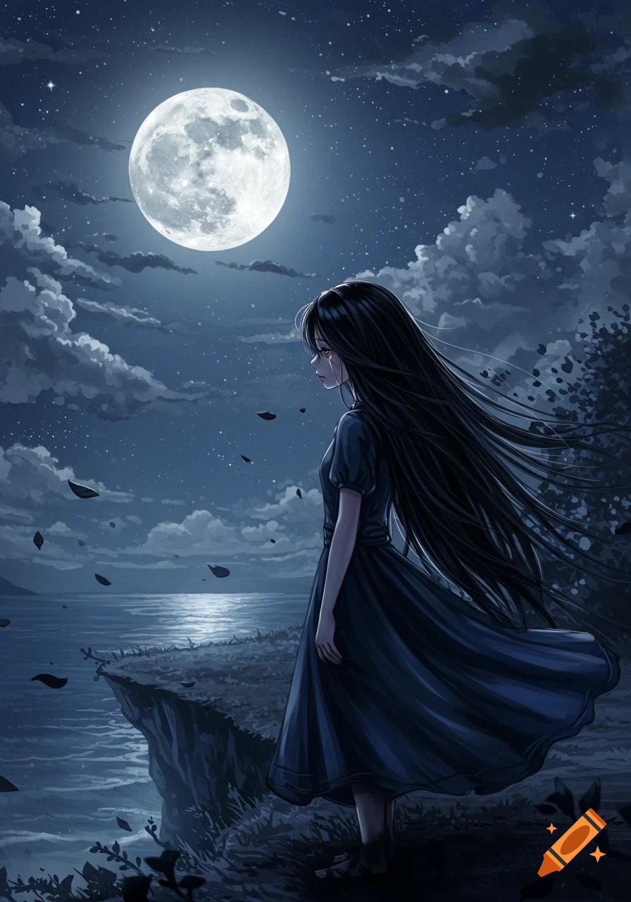 Anime illustration of a sad girl with long dark hair, standing on a cliff edge at night, looking at a large full moon reflecting on the ocean.