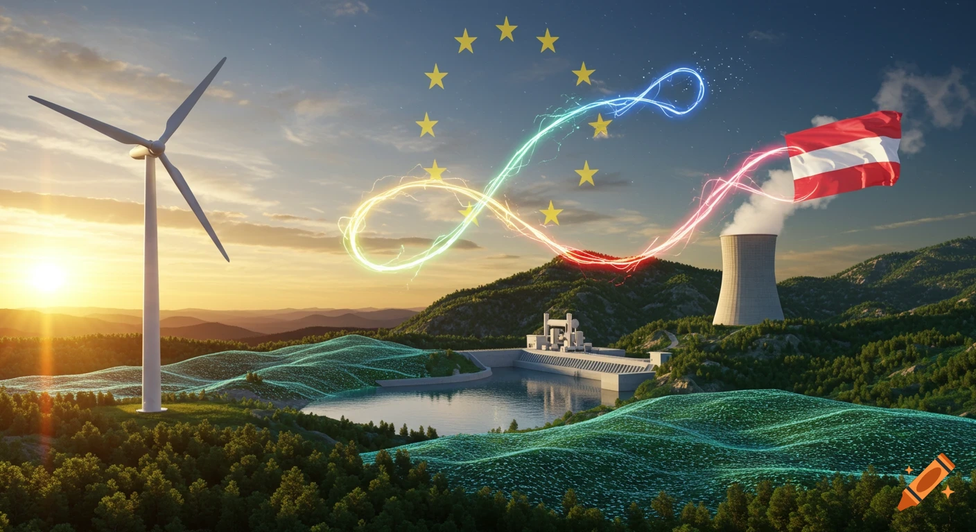 Photorealistic image of a wind turbine, dam, and nuclear plant in a green landscape, with glowing energy lines connecting EU and Austrian flags under a sunset sky.