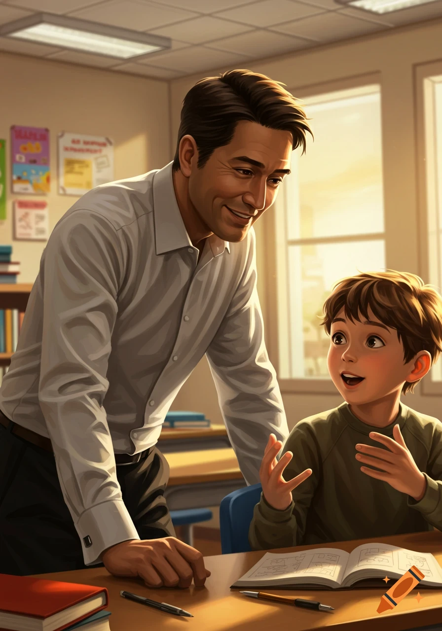 A smiling teacher leans over a desk to listen to a young student speaking and gesturing with hands in a brightly lit classroom, in a digital art style.