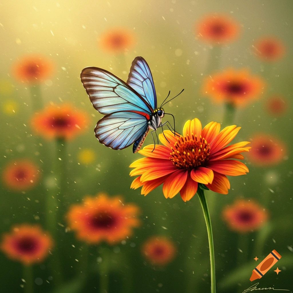 A vibrant blue butterfly with red markings perches on a bright orange and red flower in a sunlit field.