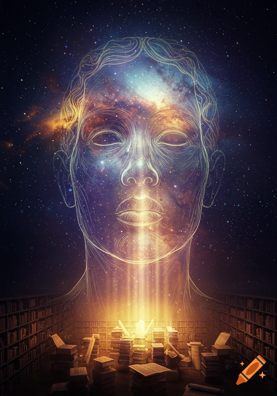 Ethereal glowing outline of a human head filled with a galaxy, rising above illuminated books in a dark library.