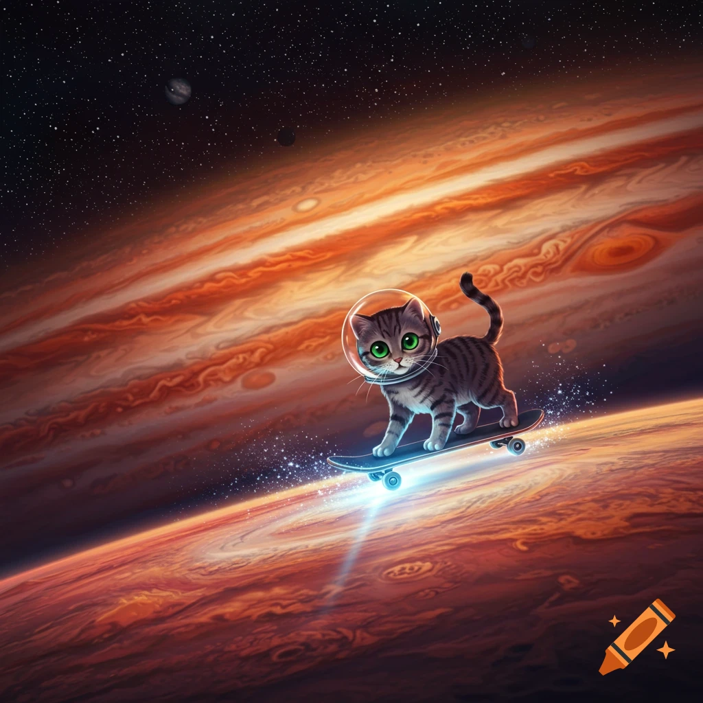A cute cartoon cat in a helmet rides a glowing skateboard above Jupiter in space.