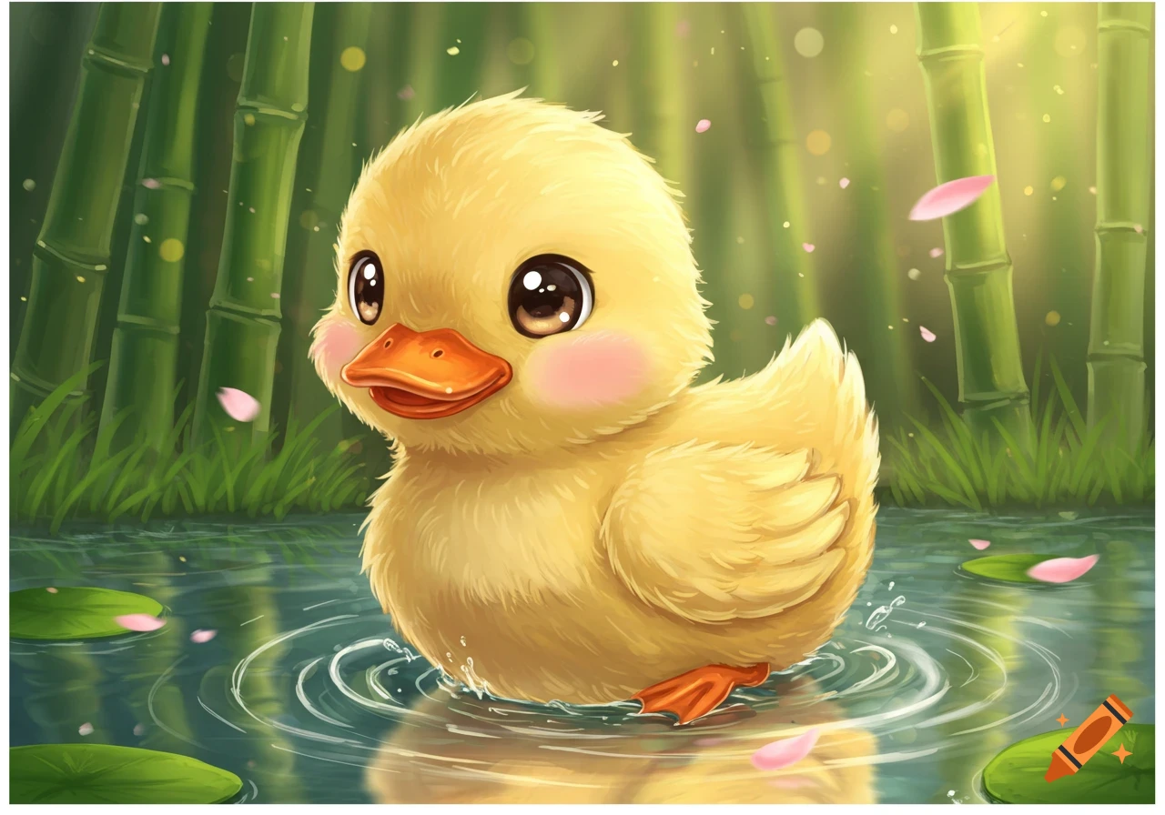 A fluffy yellow anime duckling with big eyes sits in a pond with lily pads and falling pink petals, with bamboo in the background.