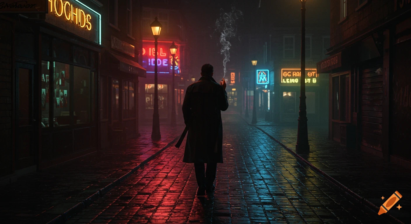 A man in a trench coat walks away down a wet, neon-lit city street at night, smoking a cigarette.