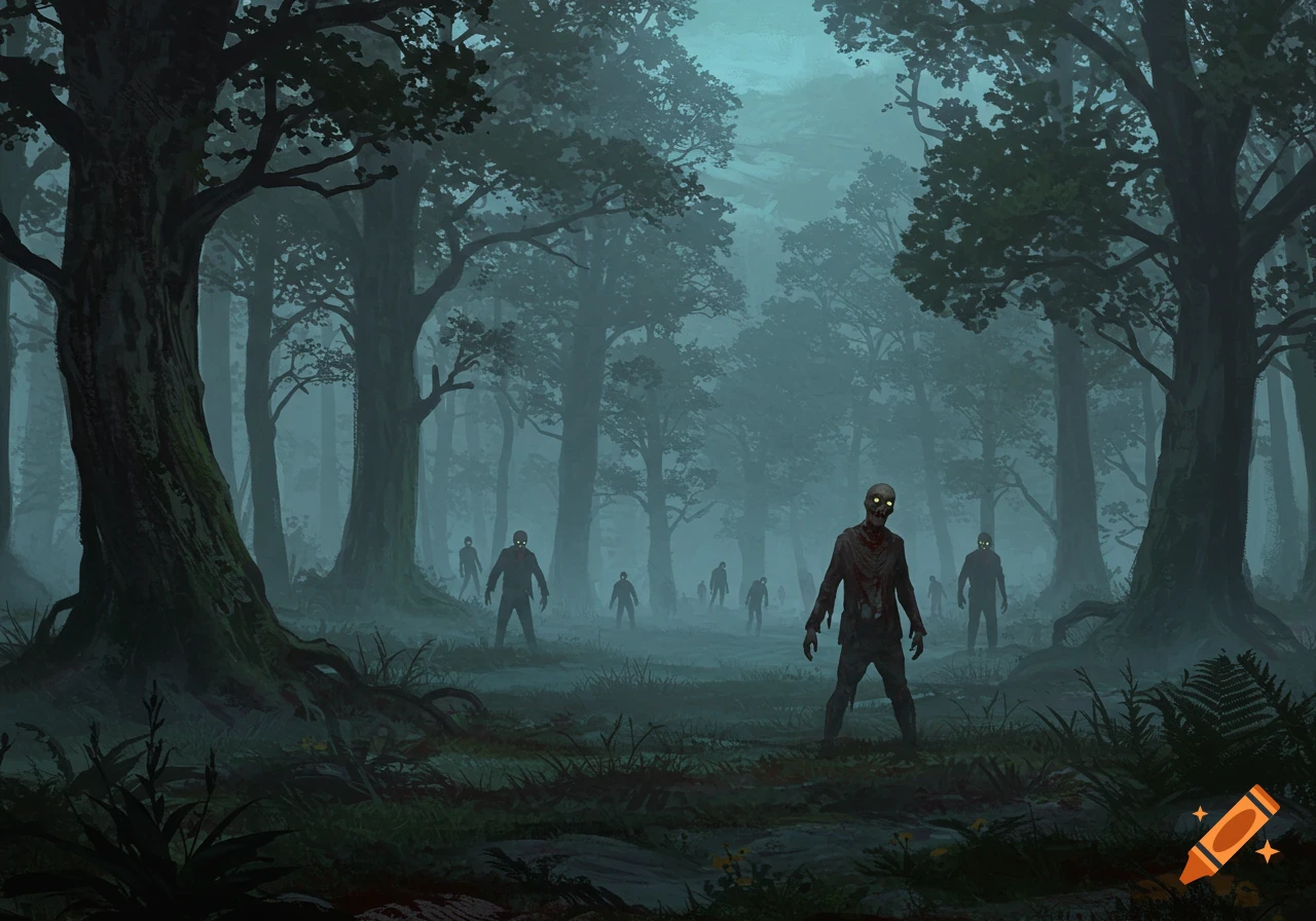 A misty forest filled with many zombies with glowing yellow eyes, illustration.