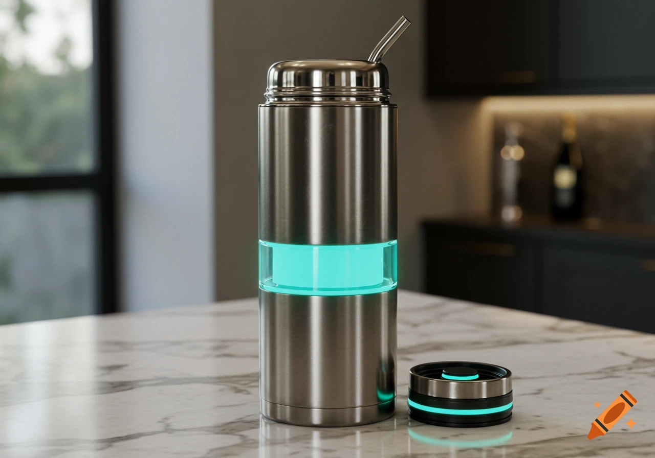 Photorealistic image of a luxury stainless steel insulated bottle with a glowing teal light band and a straw, on a marble kitchen counter.