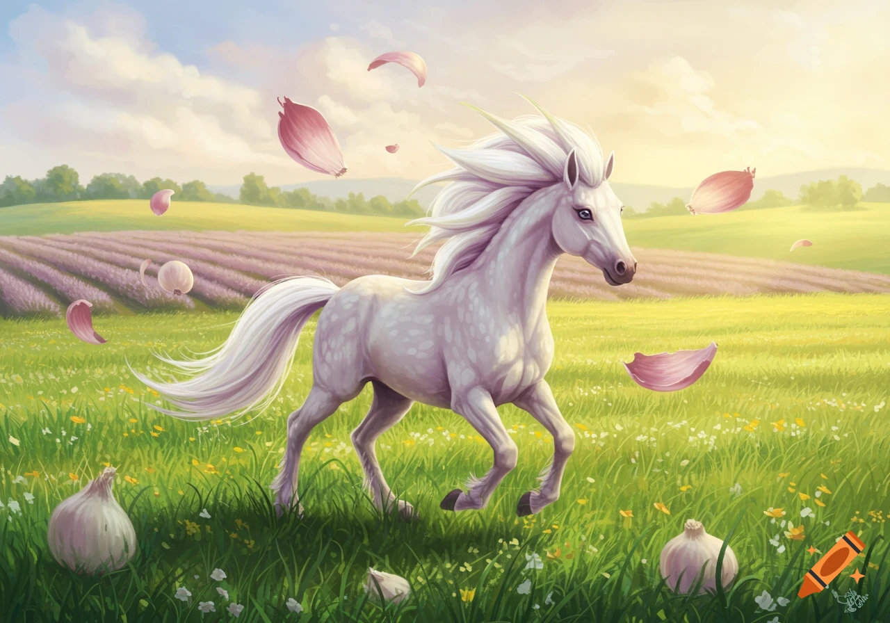 A white fantasy horse with a flowing mane runs through a field of green grass, purple lavender, and large white onions, with pink petals or onion peels floating in the air. The setting sun casts a warm glow.