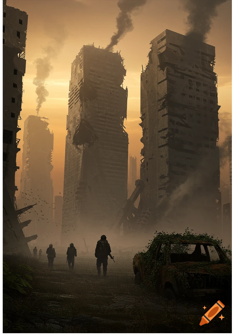 A post-apocalyptic cityscape with crumbling skyscrapers, survivors walking through fog, and an overgrown car at sunset.